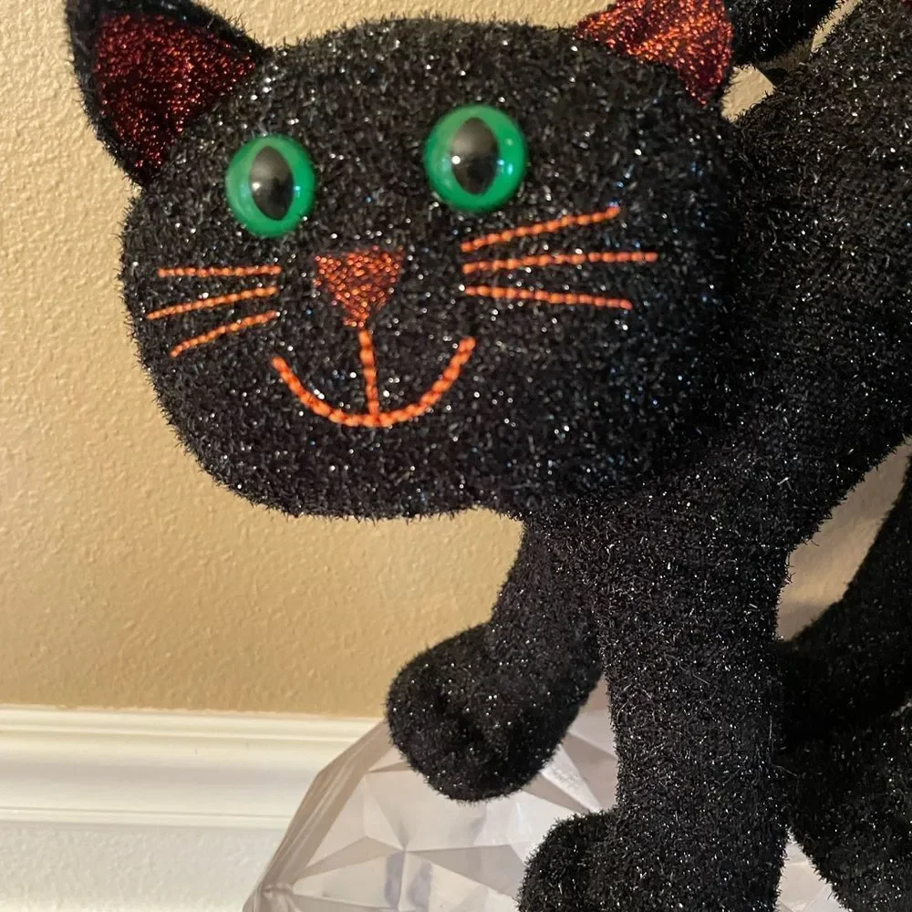 Vintage Black Cat Sparkling Green eyes Plush Free Standing Cat